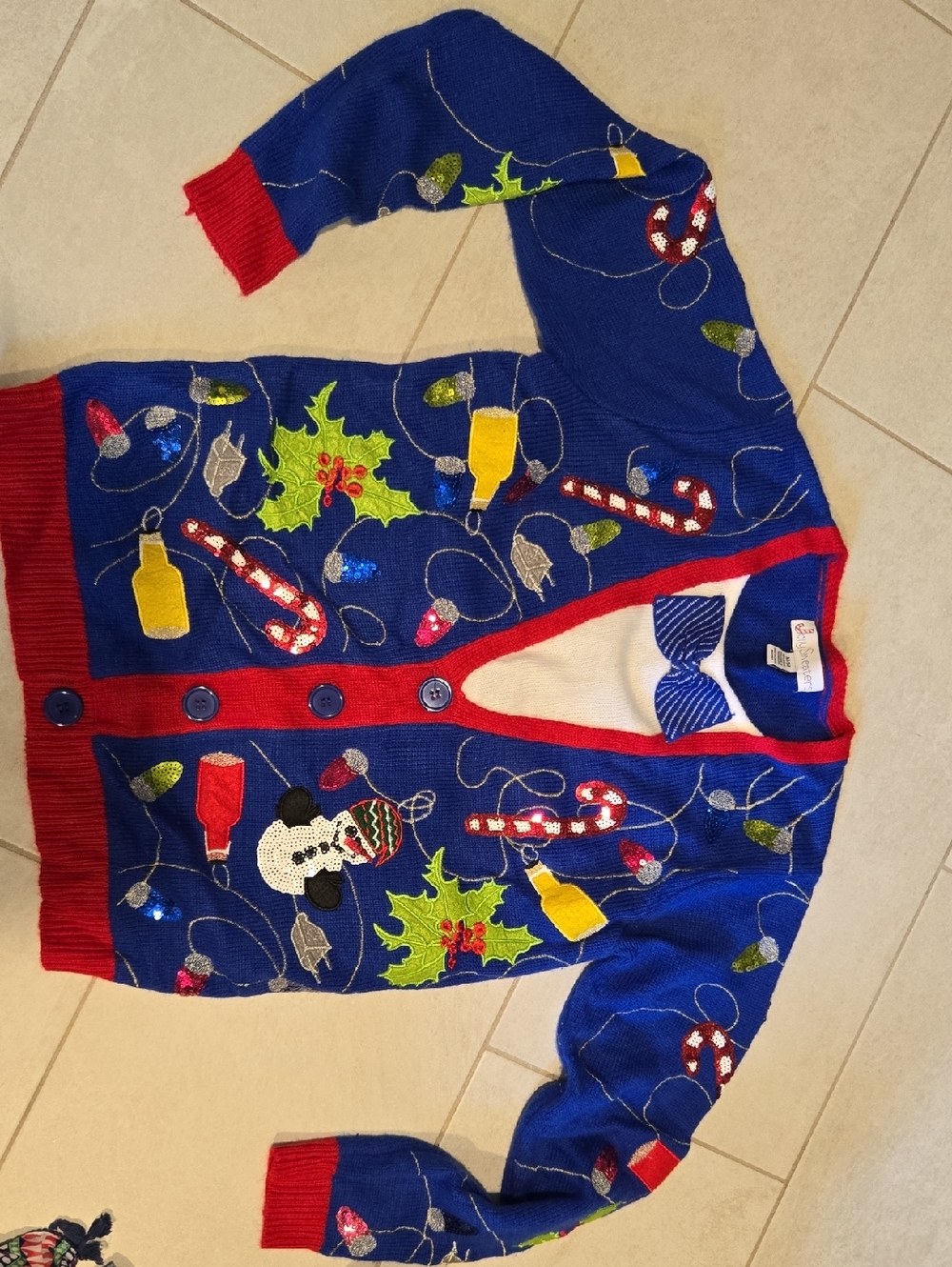 Blue Holiday Sequin Sweater with Red Trim